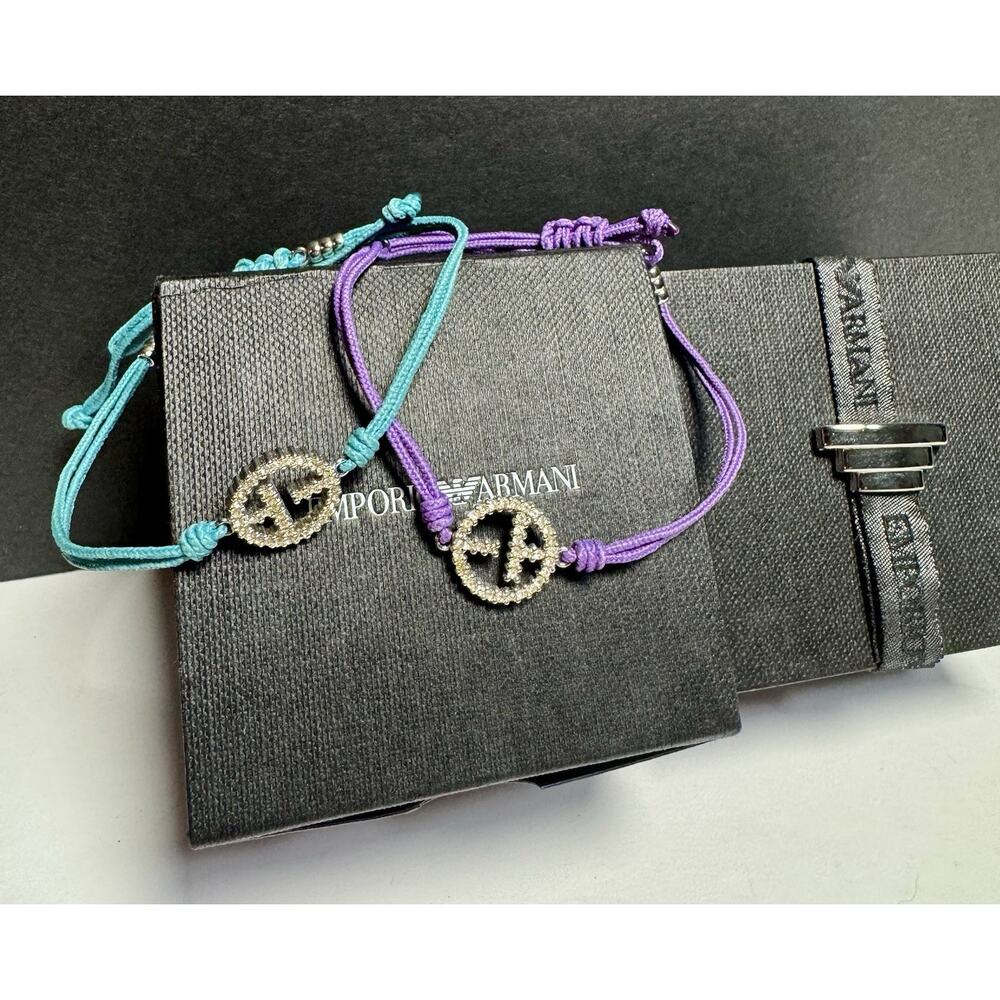 NEW 2 Emporio Armani Ladies Cord Bracelets EA Pave Crystals Sterling Silver